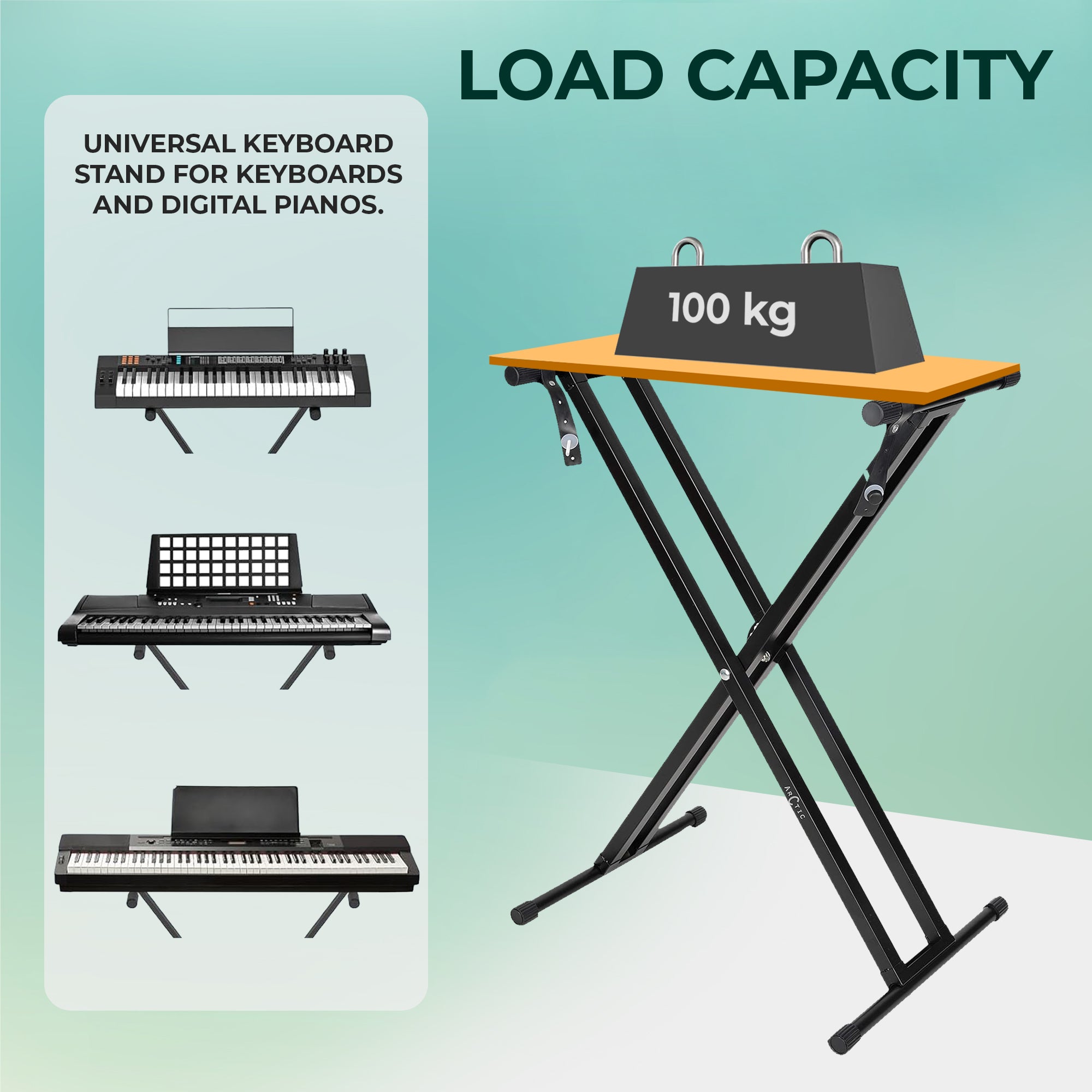 Keyboard stand with load capacity indicator and keyboard illustrations on a light green background