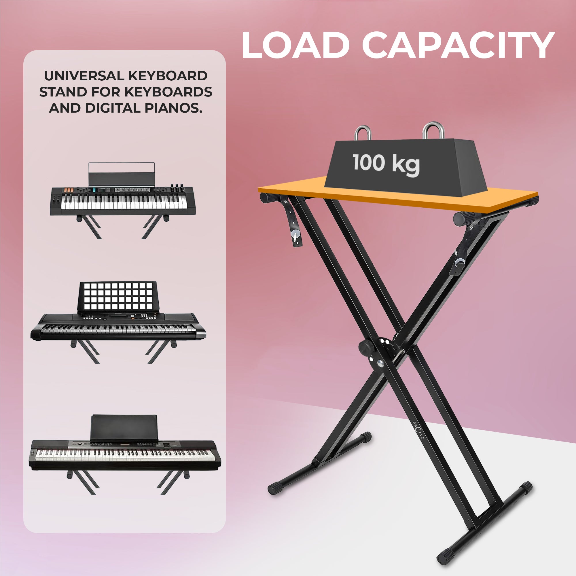 Keyboard stand with load capacity sign and keyboard illustrations on a pink background