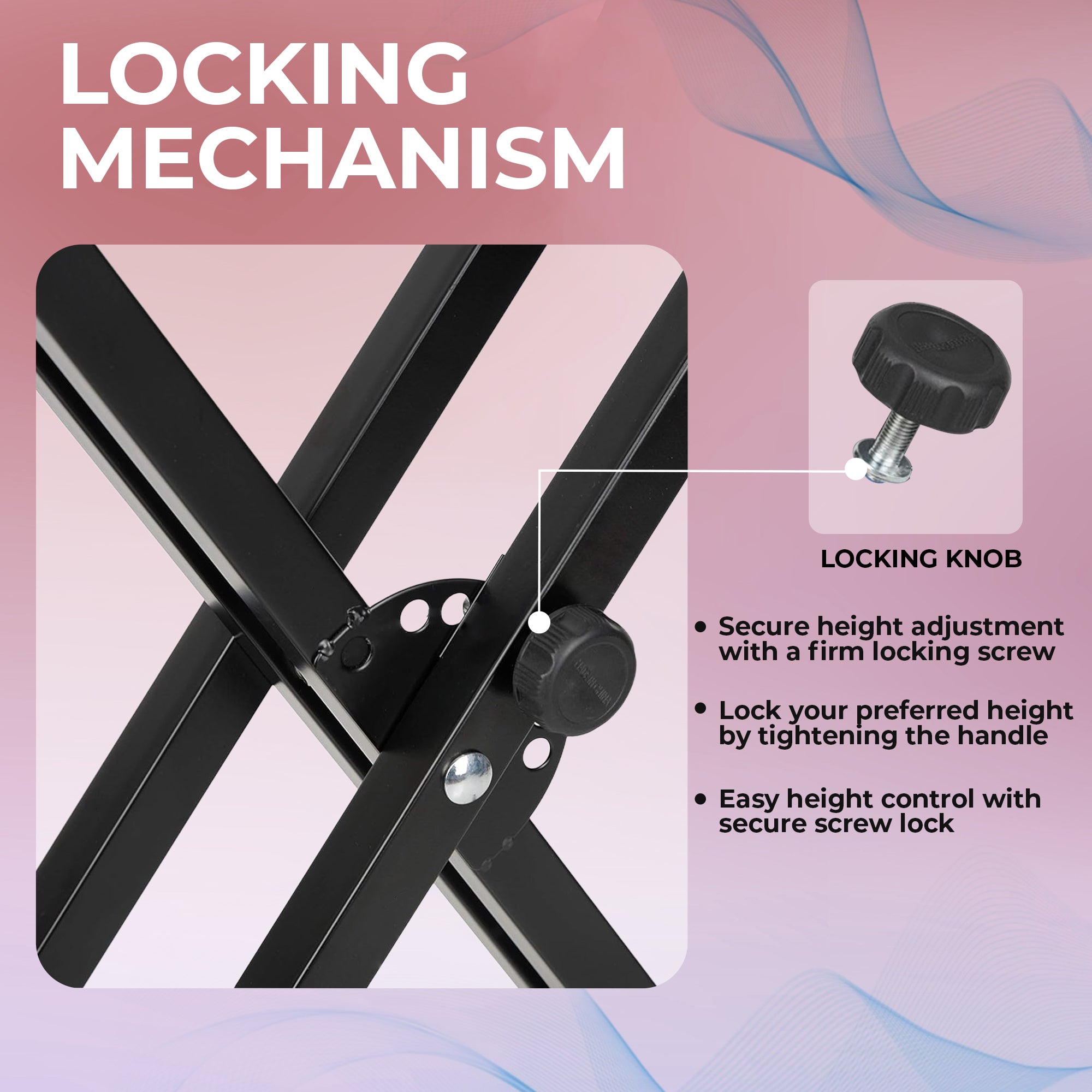 Locking mechanism of a adjustable stand with a pink gradient background