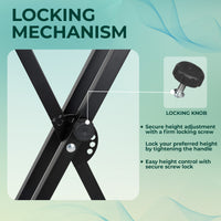 Locking mechanism of a desk with a focus on the locking knob and text explaining its function.