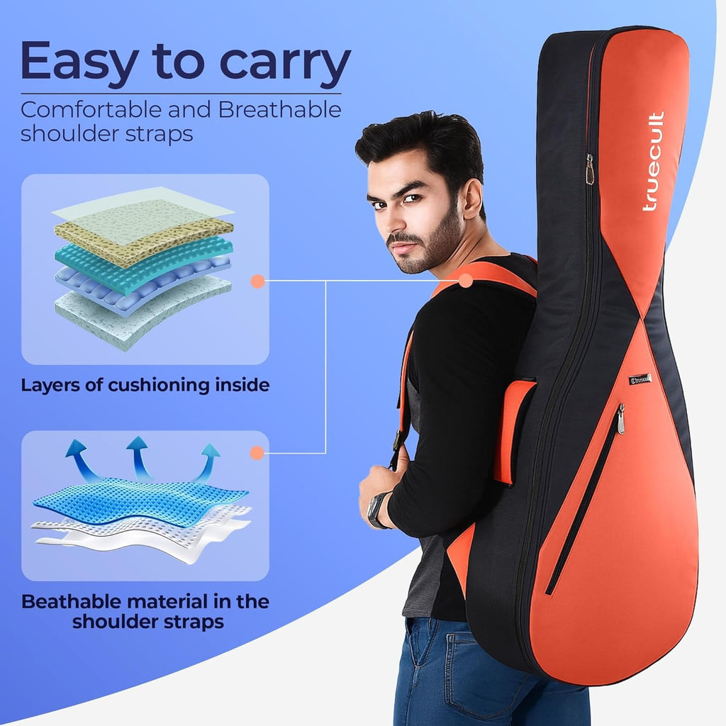 Man carrying an orange and black guitar case with features highlighted on a blue background