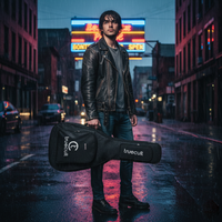 Man holding a Truecult guitar case on a city street at night.