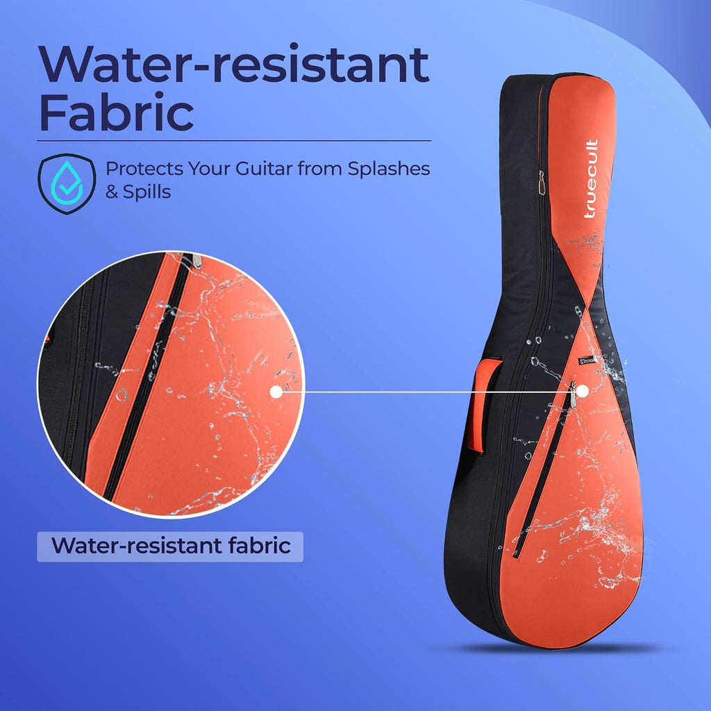 Orange and black guitar case with water-resistant fabric feature on a blue background