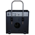 Black amplifier with control panel and handle on a white background