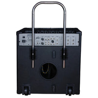 Black amplifier with control panel and handle on a white background