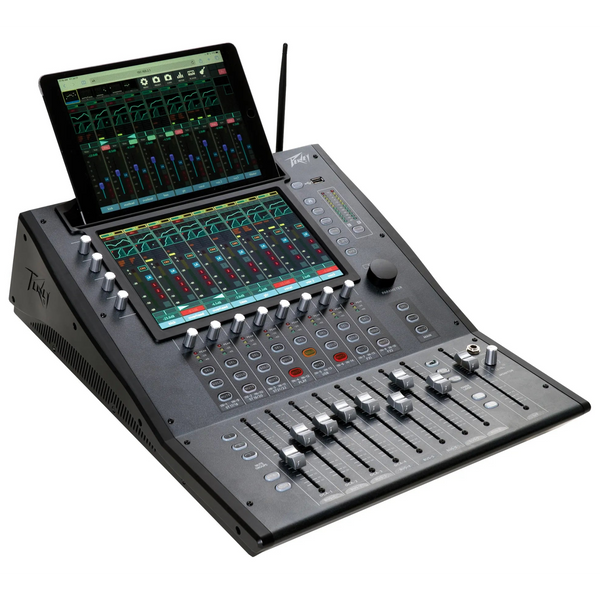 Digital audio mixing console with two screens on a white background