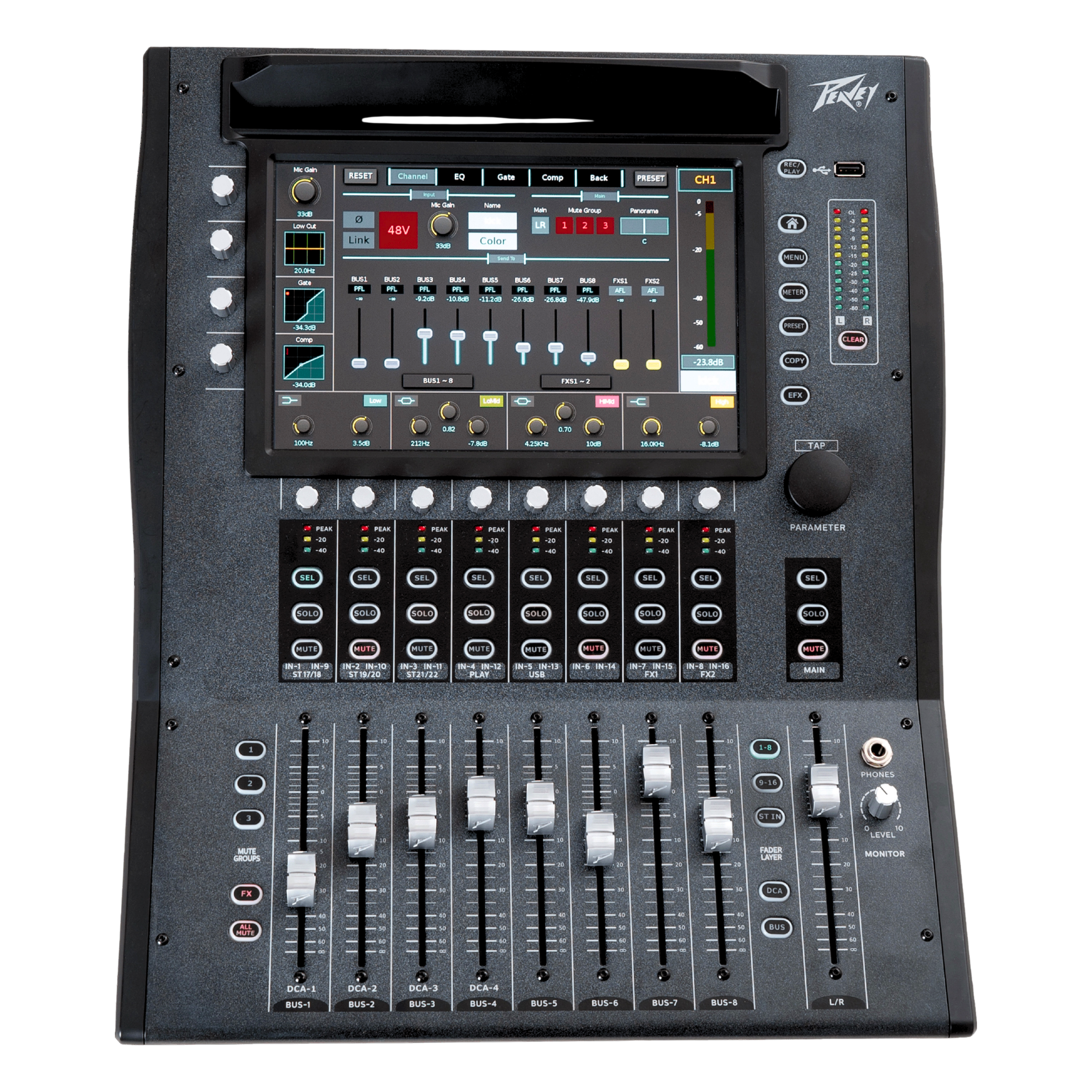 Peavey 16-channel digital audio mixer console with a large front LCD screen, faders, and rotary controls on a white background.
