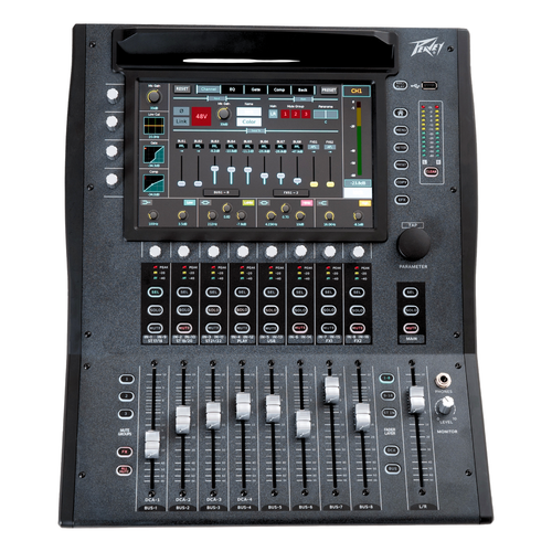 Peavey 16-channel digital audio mixer console with a large front LCD screen, faders, and rotary controls on a white background.