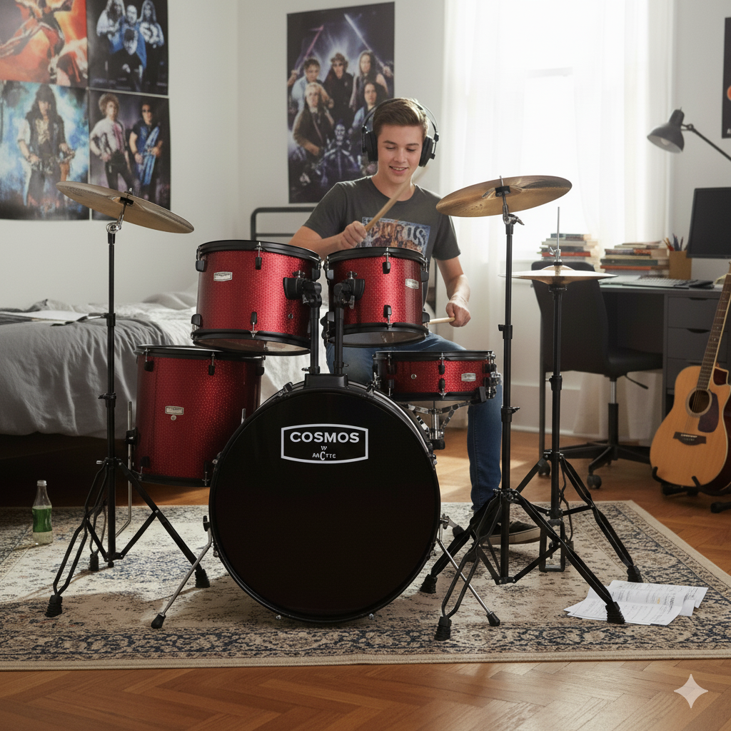 Person playing a red drum set labeled 'Cosmos' in a bedroom with posters on the wall.