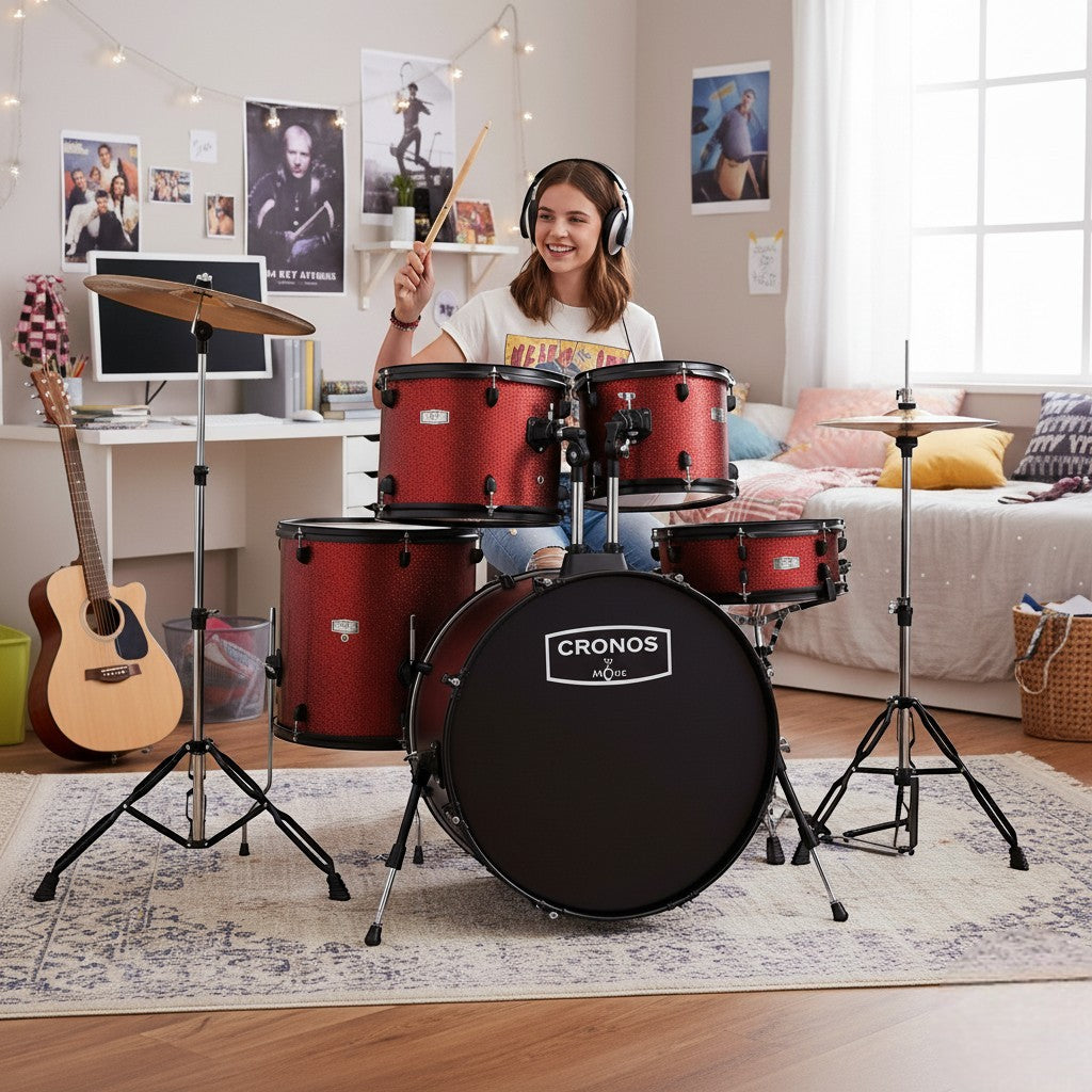 Person playing a red drum set with 'Cronos' branding in a room with a computer desk and guitar.