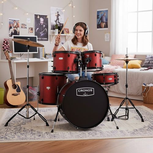 Person playing a red drum set with 'Cronos' branding in a room with a computer desk and guitar.