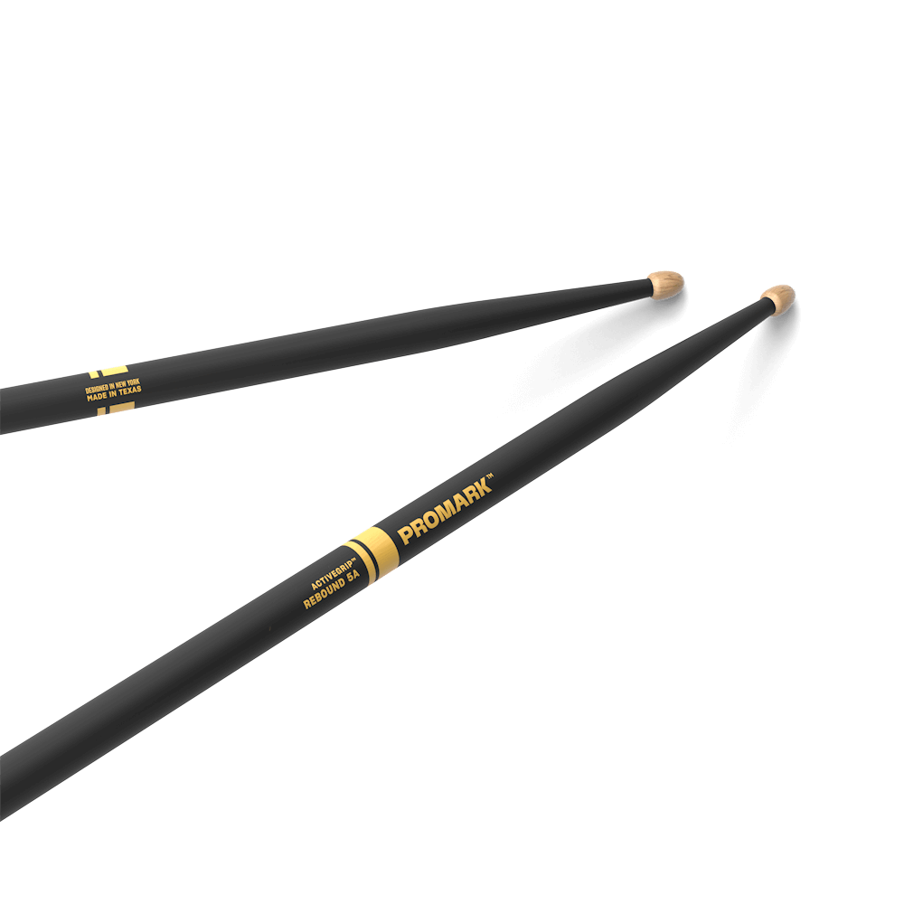 Two black drumsticks with gold accents on a white background, featuring the Promark brand.