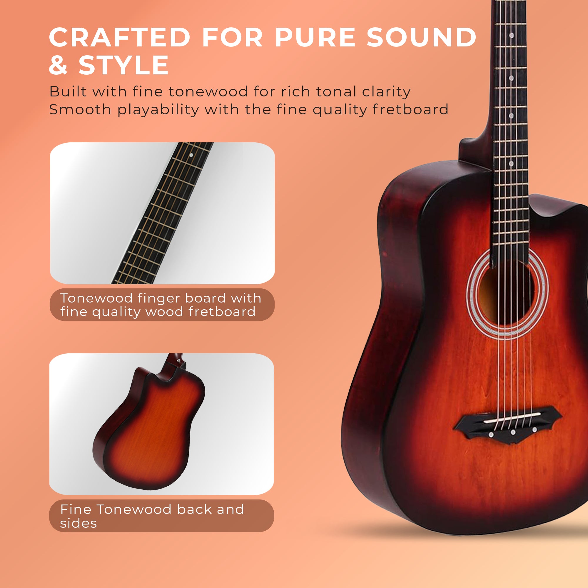 Revel 38" Cutaway Acoustic Guitar – Matte Brown | Carry Bag, Picks & String Winder