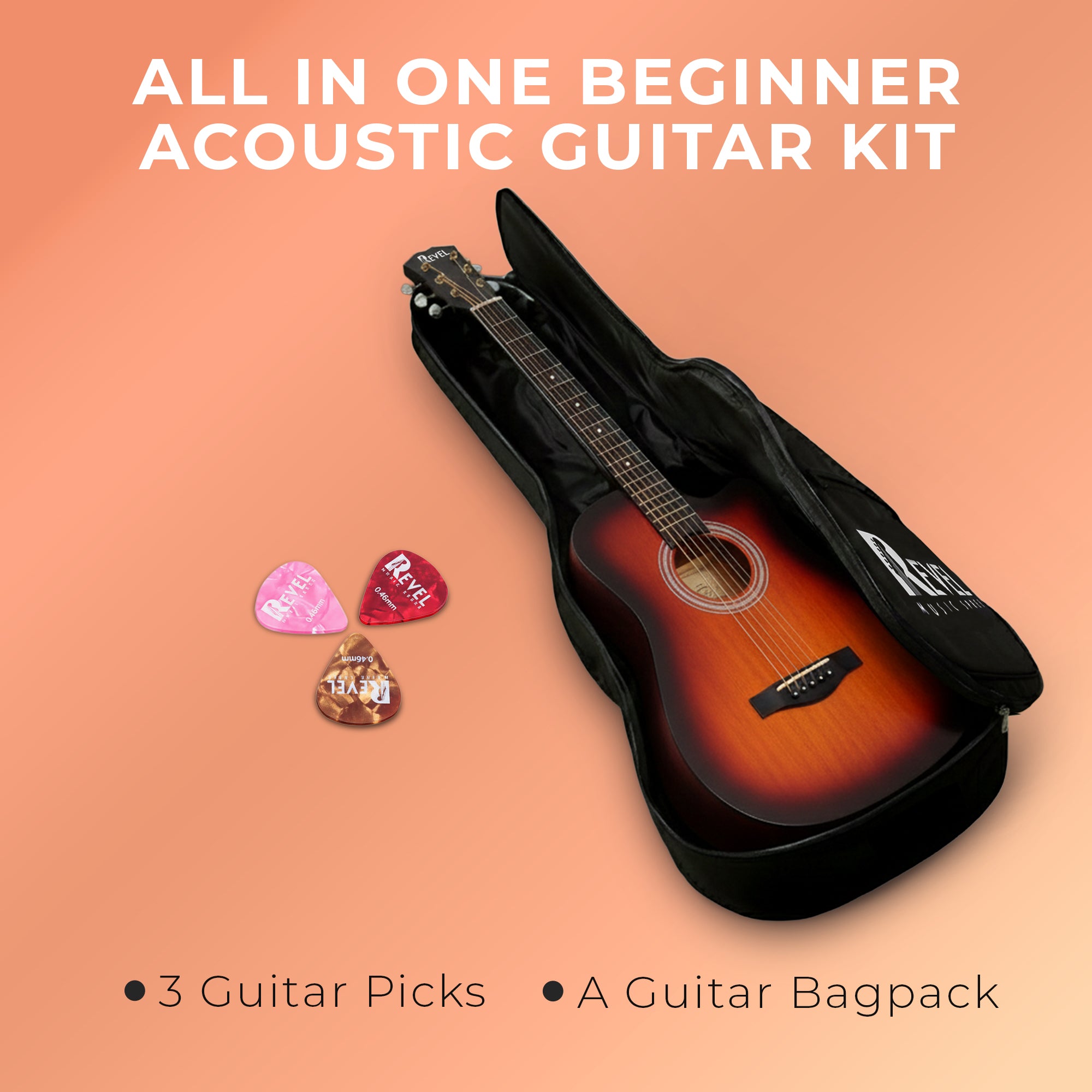 Revel 38" Cutaway Acoustic Guitar – Matte Brown | Carry Bag, Picks & String Winder