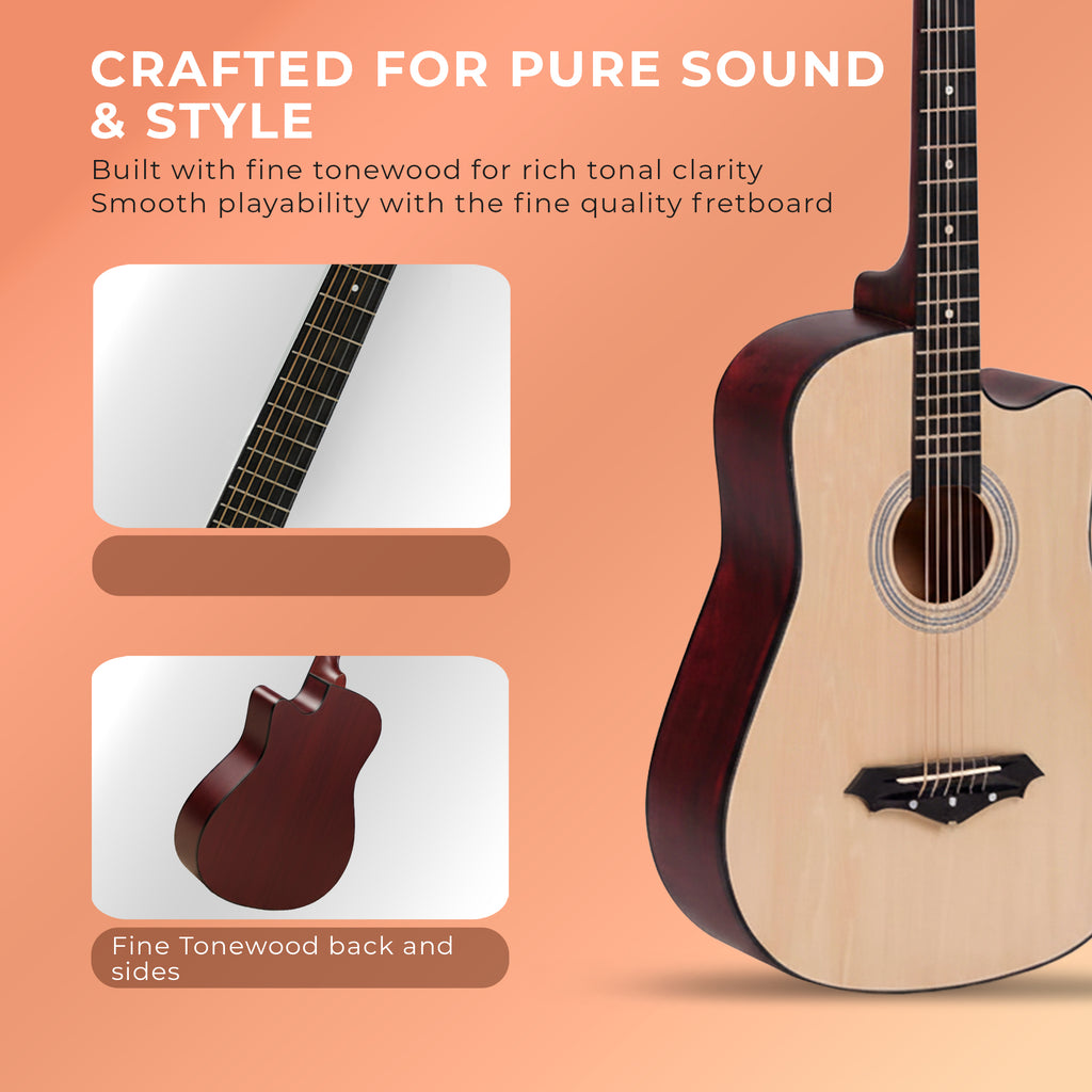 Revel 38" Cutaway Acoustic Guitar – Matte Natural | Carry Bag, Picks & String Winder