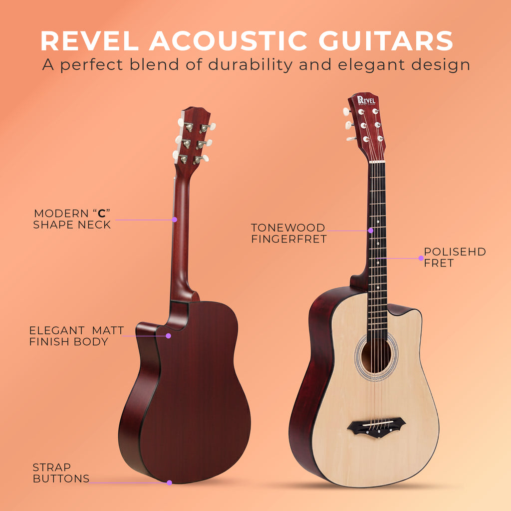 Revel 38" Cutaway Acoustic Guitar – Matte Natural | Carry Bag, Picks & String Winder