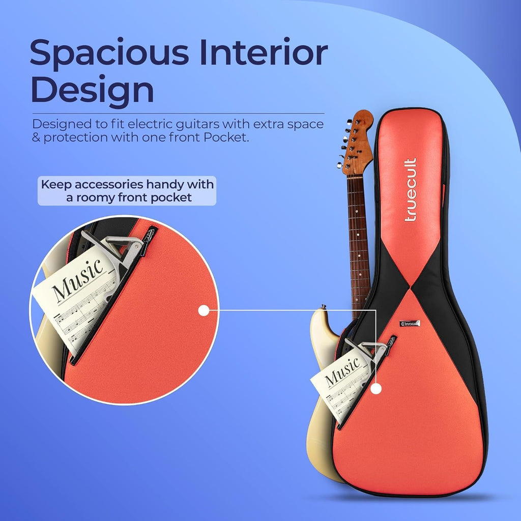 Red guitar case with a front pocket for accessories on a blue background