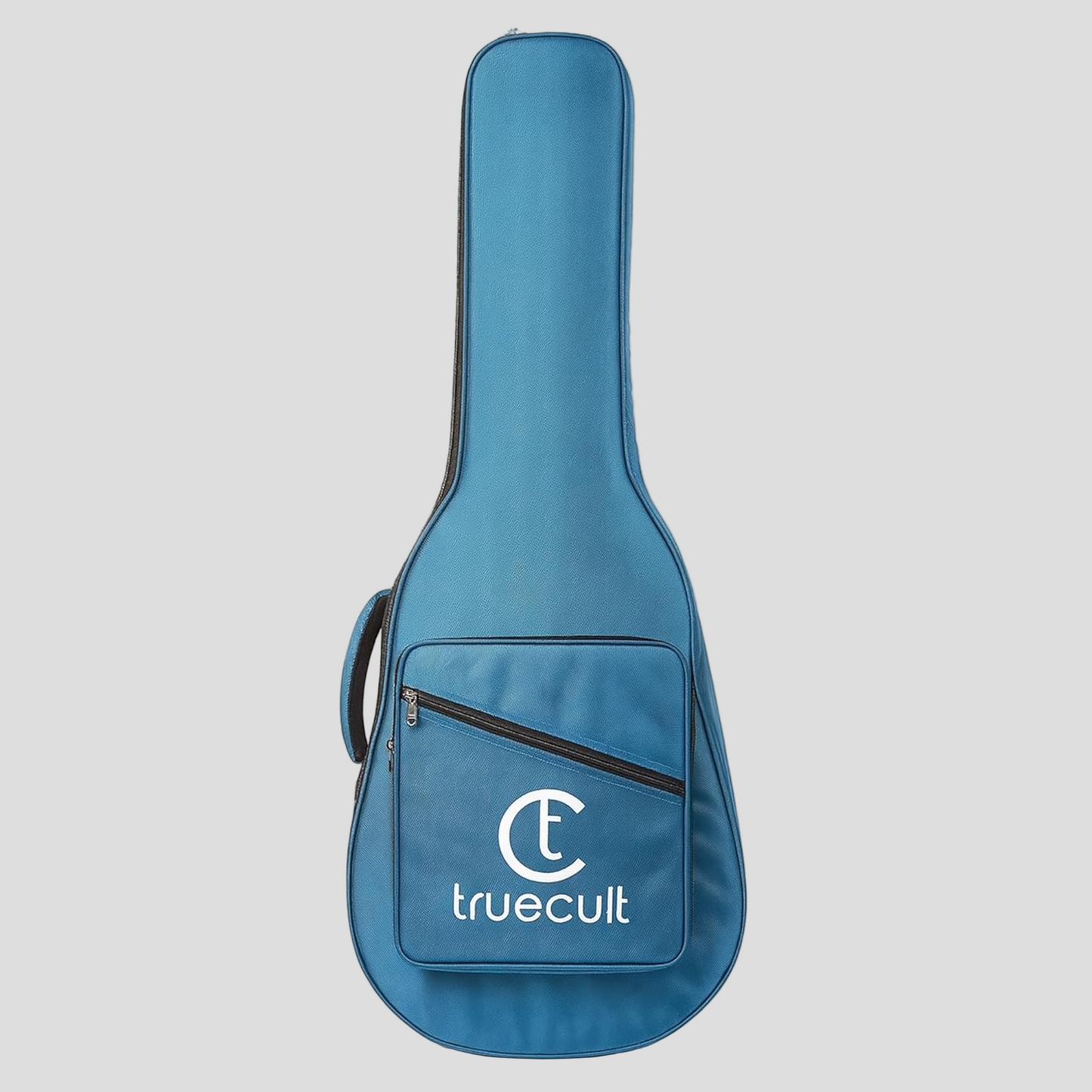 Blue guitar case with 'truecult' logo on a white background