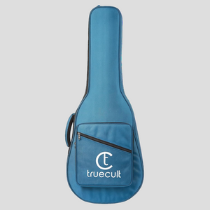 Blue guitar case with 'truecult' logo on a white background