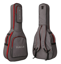 Gray guitar case with red accents and 'truecult' branding on a white background