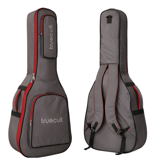 Gray guitar case with red accents and 'truecult' branding on a white background