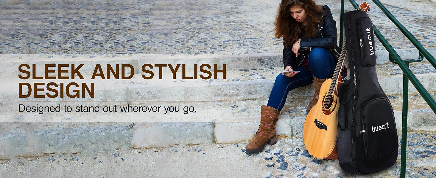 Woman sitting on steps with a guitar and case, promotional text about design.