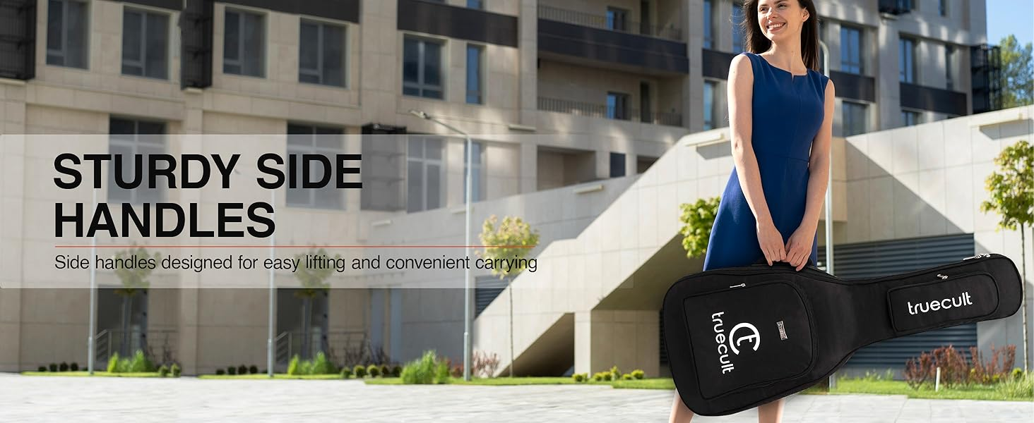 Woman holding a guitar case with 'trueclic' branding in an urban setting