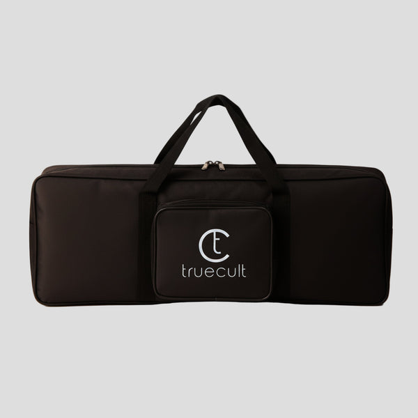 Black carrying case with 'truecult' logo on a white background