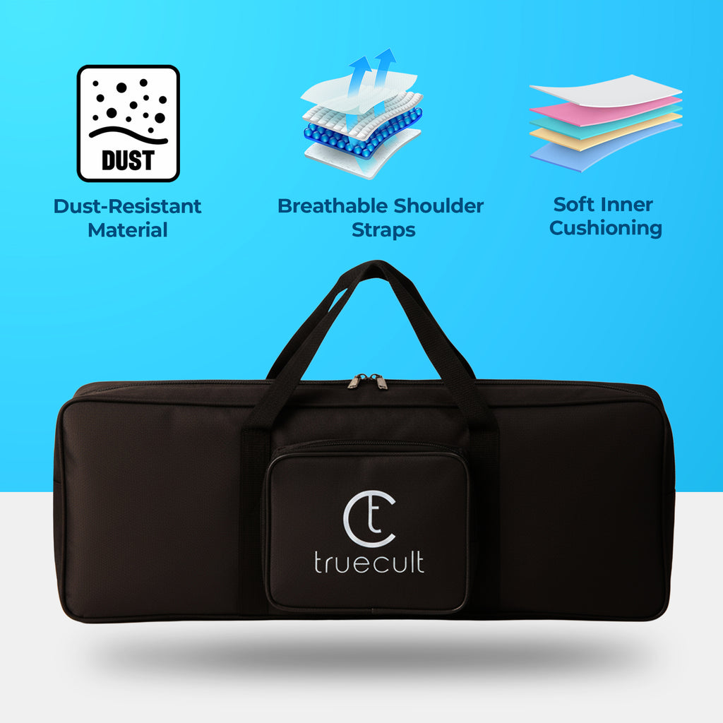 Black carrying case with truecult logo on a blue background with product features listed. padded 37-key keyboard bag for Yamaha Casio