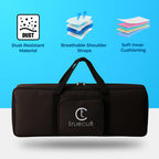 Black carrying case with truecult logo on a blue background with product features listed. padded 37-key keyboard bag for Yamaha Casio