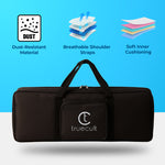 Black carrying case with truecult logo on a blue background with product features listed. padded 37-key keyboard bag for Yamaha Casio