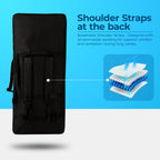 Black backpack with breathable shoulder straps on a blue and white background. padded 37-key keyboard bag for Yamaha Casio