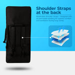 Black backpack with breathable shoulder straps on a blue and white background. padded 37-key keyboard bag for Yamaha Casio