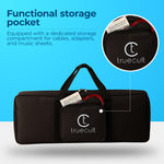 Black storage bag with a dedicated compartment for cables, adapters, and music sheets on a blue background, featuring the truecult brand. padded 37-key keyboard bag for Yamaha Casio