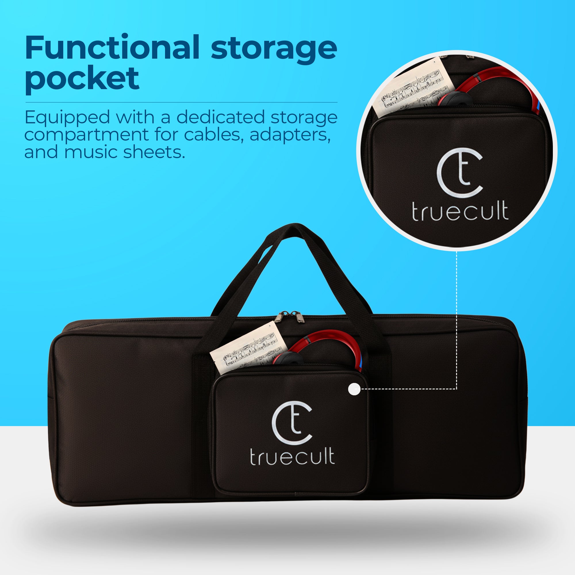Black storage bag with a dedicated compartment for cables, adapters, and music sheets on a blue background, featuring the truecult brand. padded 37-key keyboard bag for Yamaha Casio