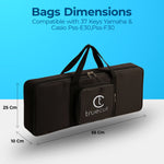 Black keyboard bag with truecult logo and dimensions on a blue background. padded 61-key keyboard bag for Yamaha Casio