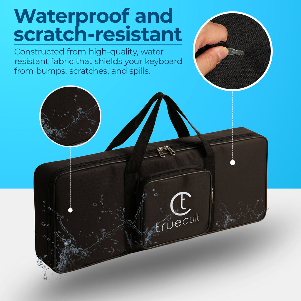 Black keyboard carrying case with 'truecult' branding on a blue and gray gradient background.padded 37-key keyboard bag for Yamaha Casio