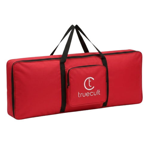 Red bag with black handles and 'truecult' logo on a white background