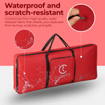 Red keyboard carrying case with 'truecult' branding on a pink  padded 61-key keyboard bag for Yamaha Casiobackground