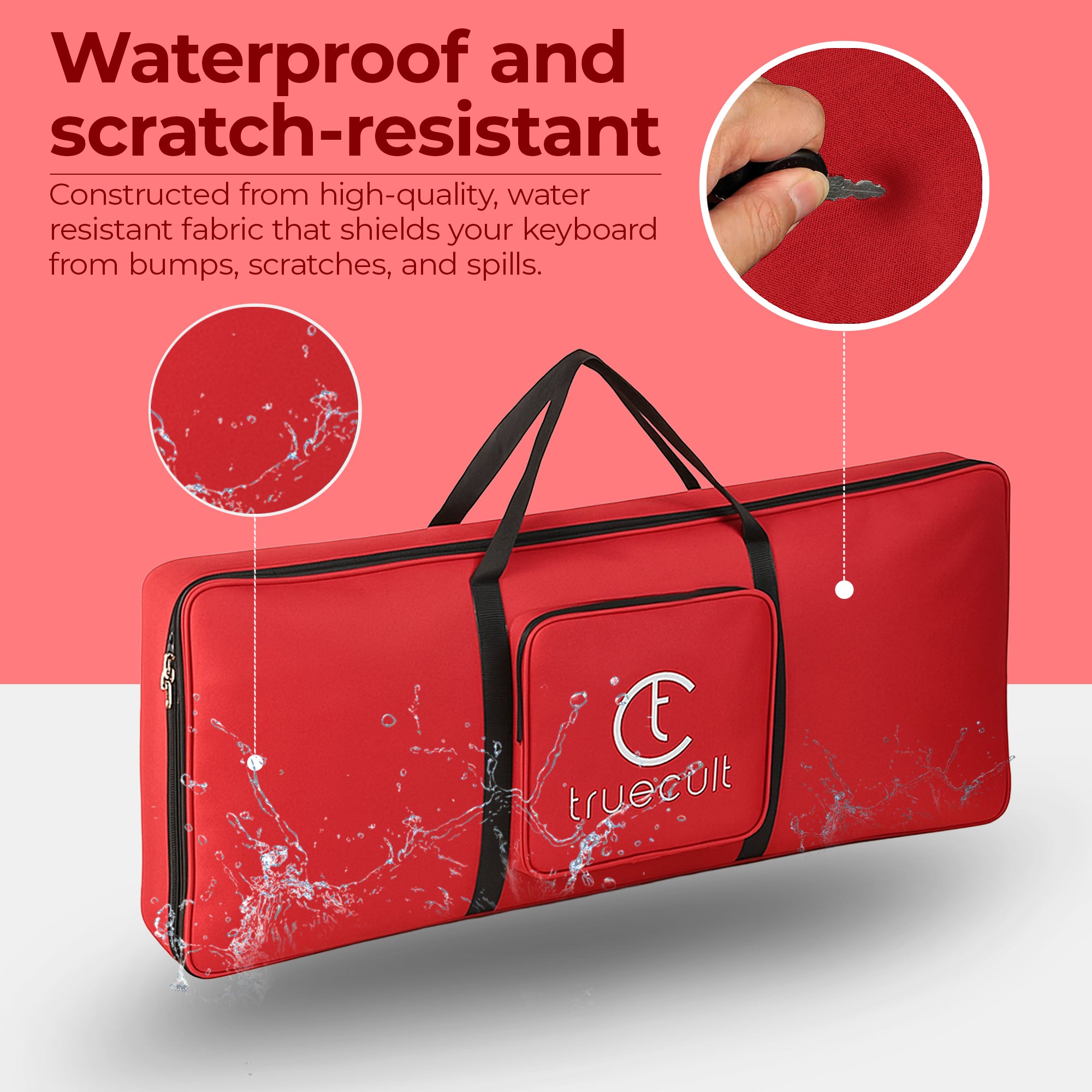 Red keyboard carrying case with 'truecult' branding on a pink  padded 61-key keyboard bag for Yamaha Casiobackground
