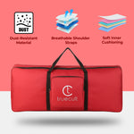 Red bag with black straps featuring the 'truecult' logo on a white background.padded 61-key keyboard bag for Yamaha Casio