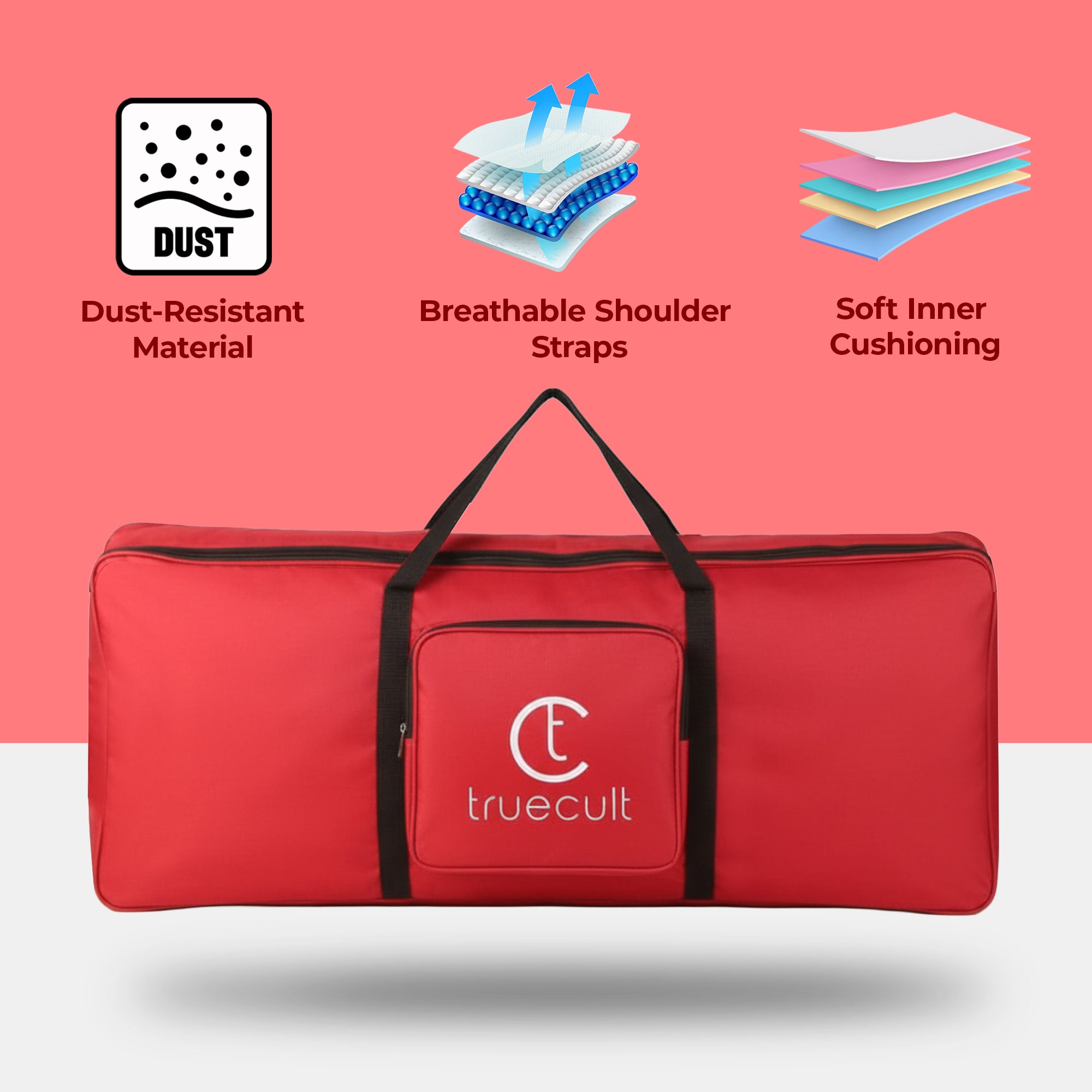 Red bag with black straps featuring the 'truecult' logo on a white background.padded 61-key keyboard bag for Yamaha Casio