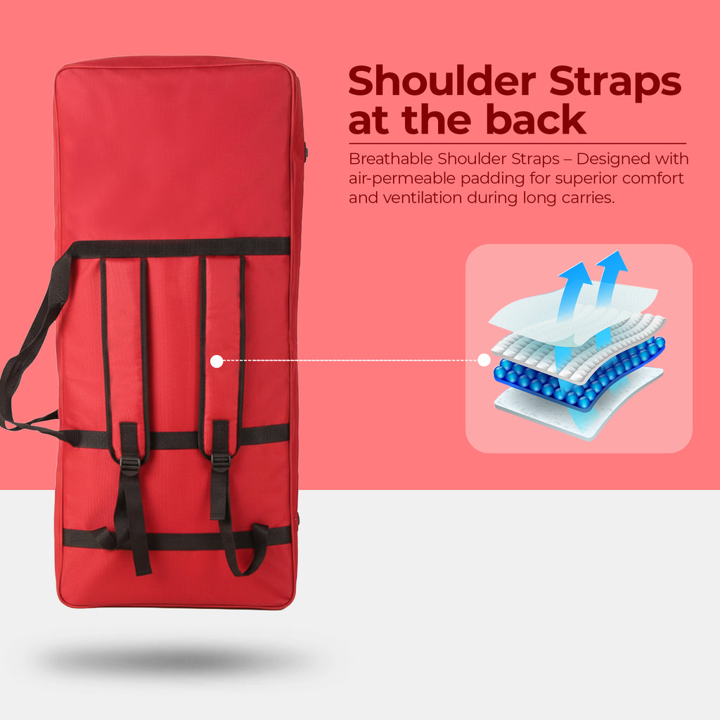 Red bag with black shoulder straps on a white background, featuring text about breathable padding.