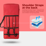 Red bag with black shoulder straps on a white background, featuring text about breathable padding.