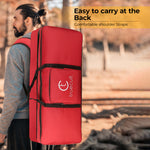 Person carrying a red bag with 'truecult' branding on a blurred natural background padded 61-key keyboard bag for Yamaha Casio