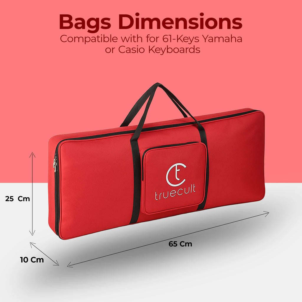 Red keyboard bag with dimensions and compatibility information on a pink and white background