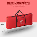 Red keyboard bag with dimensions and compatibility information on a pink and white background