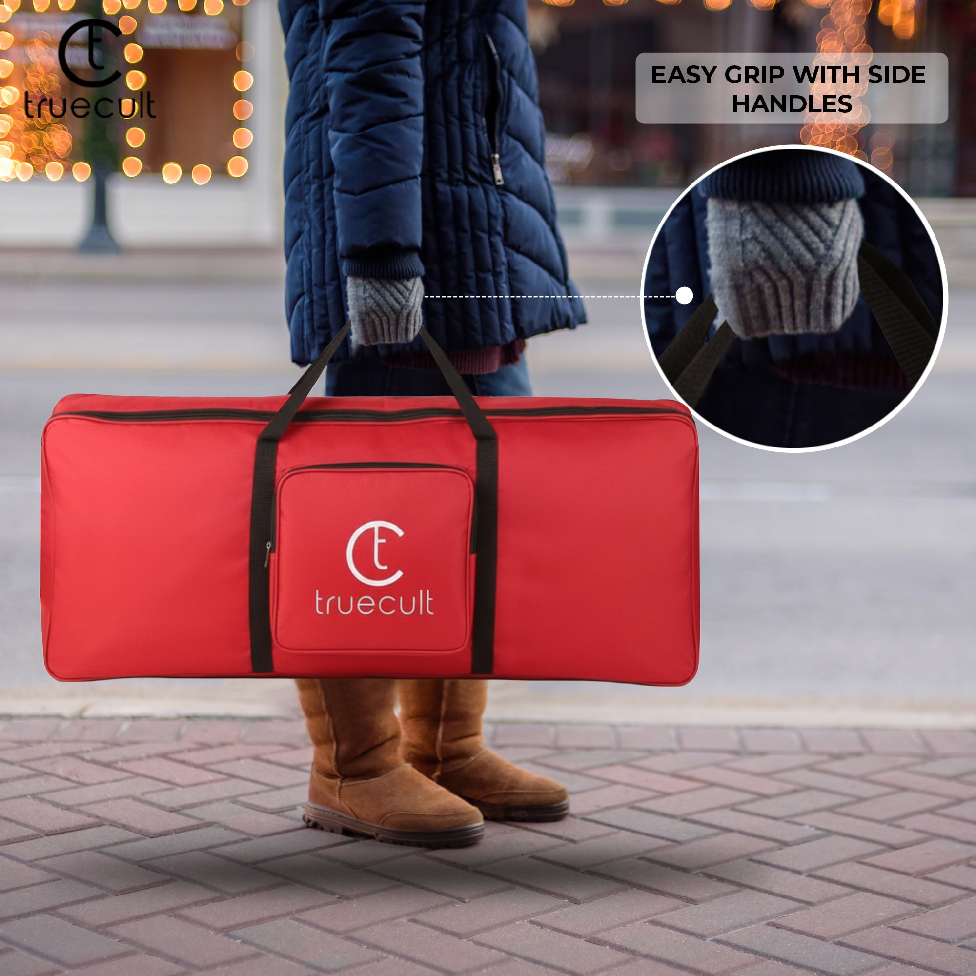 Person holding a red bag with 'truecult' branding, featuring side handles.padded 61-key keyboard bag for Yamaha Casio