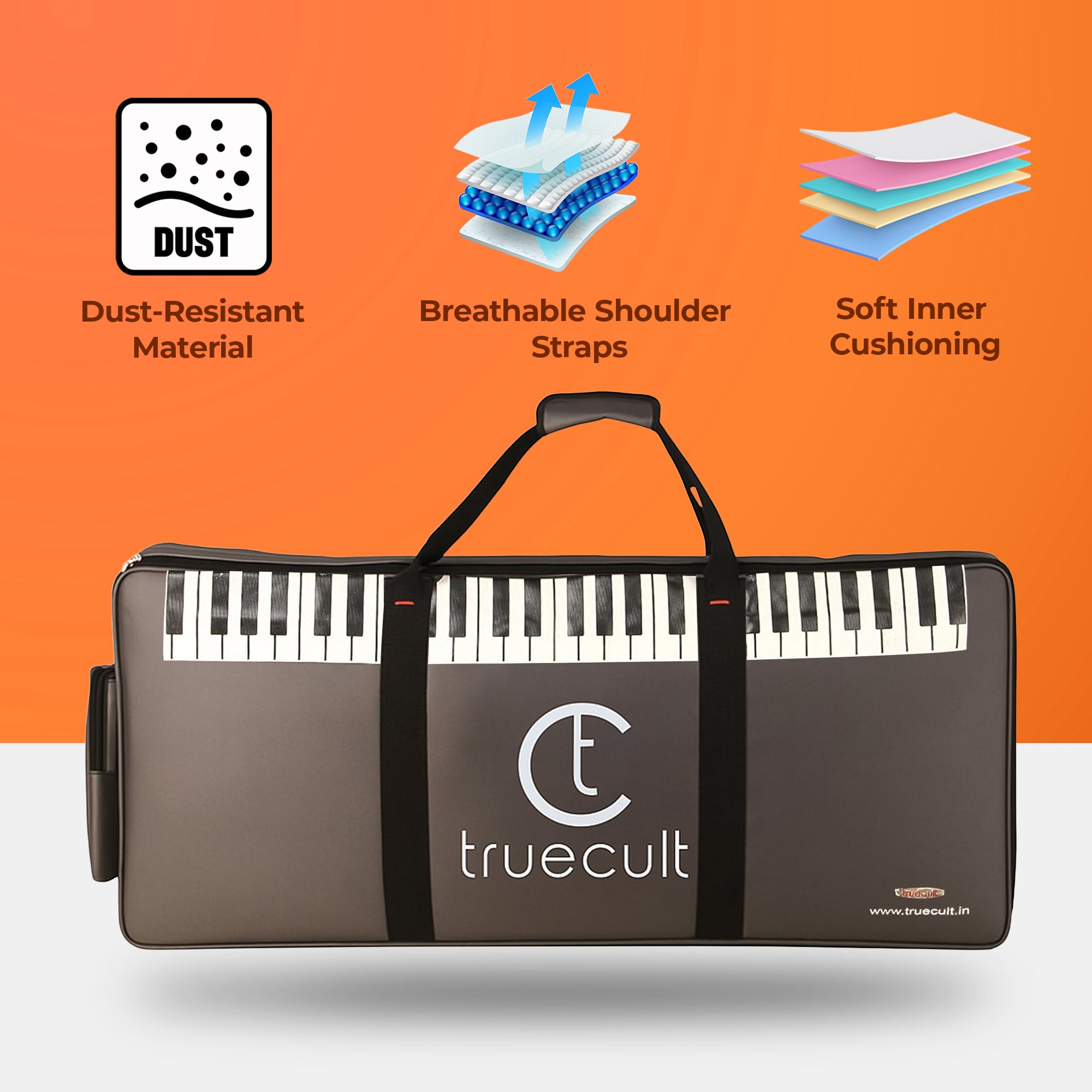 Truecult keyboard bag with features highlighted on an orange background