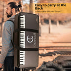 Person carrying a portable keyboard case with 'truecult' branding on a natural background.